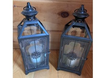 Pair Of Metal Paint Decorated Lanterns