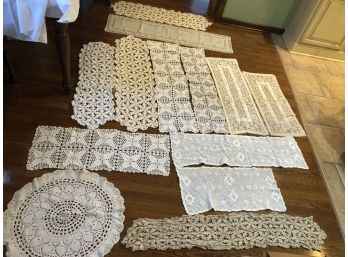 13 Assorted Vintage Hand Crocheted Runners & Doily