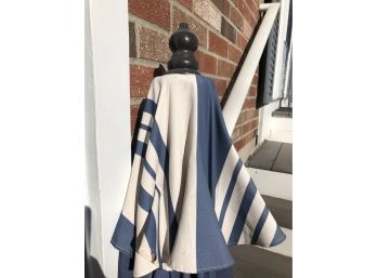 6 Foot Tall Barely Used Blue And White Patio Umbrella With Heavy Metal Base Stand