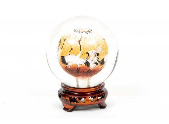 Chinese Hand Painted Glass Sphere With Bird Design On Stand