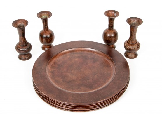 (16) Piece Decorative Metal Plate Trays And Vases