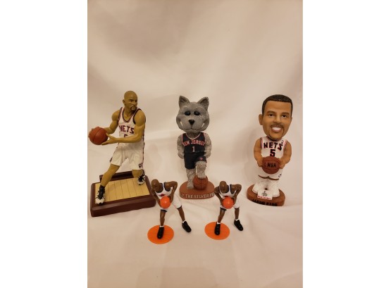 Lot Of NJ Nets Bobbleheads, Mascot Bobblehead, And Basketball Figurines