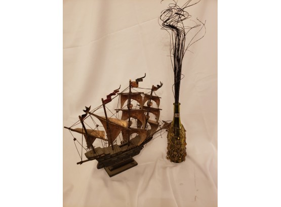 Very Cool Vintage Wooden Ship And Bottle Decor