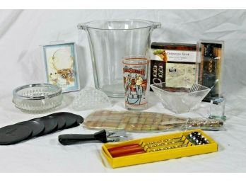Mixed Bar Lot With Champagne Bucket, Wine Glass Charms, Wine Bottle Cutting Board, Highball Stirer's, Coasters