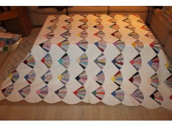 Vintage Hand Made Full/Queen Size Quilt White With Sewn In Fan Pattern - Nicely Done
