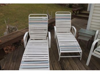 Set Of 4 Matching Painted Aluminum Patio Chairs, 2 Lounge Chairs & Set Of Stacking Table's