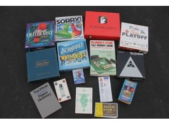 Collection Of Board Games Including Scrabble, Scattergories, Outburst, Sorry, Tri-ominoes, Rummy-cue & More