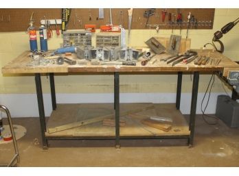 Work Bench And Tools With Wilton Vise, Wrenches, Prybars, Files & Much More