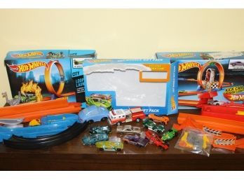 Large Lot Of Hot Wheels Collectible Cars With Orange Track And Accessories