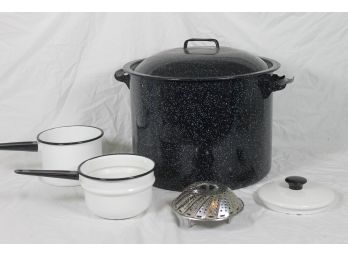 Large Lobster Pot And Smaller Double Boiler Enameled Pot With Stainless Steel Steamer