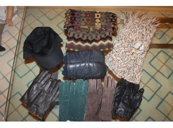 Ladie's Outdoor Lot With Leather Gloves, Cashmere Hat By Black Brown, Maggie White Hat & Scarf Etc.