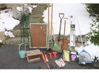 Outdoor Tool Lot With Pick Axe, Post Hole Digger, Shovels, Garden & Pool Items, Mailbox Post Etc.