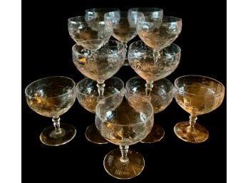 Twelve Etched Champagne Glasses