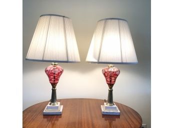 Pair Of Etched Cranberry Glass Lamps On Marble Base