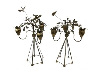 Brass Candelabras With Tulips, Dragonflies And Glass Panels