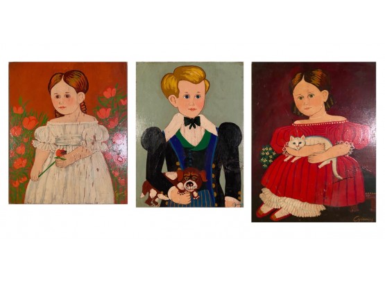Trio Of Victorian Inspired Children Painted Wooden Panels