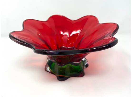 Blown Glass Red Flower Candy Dish