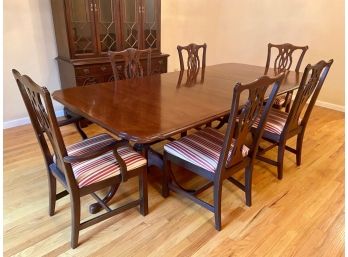 Solid Wood Double Pedestal Dining Table With 6 Upholstered Seat Chairs