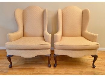 Pair Of Custom Upholstered High Back Wing Chairs By Francine Interiors