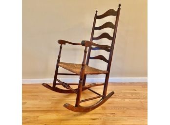Antique Maple Ladder Back Rocking Chair With Woven Rush Seat