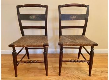 Pair Of Antique Hitchcock Inspired Side Chairs With Rush Seat
