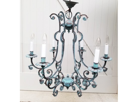 Ornate Art Nouveau Style Italian Made Patinated Brass 6-Arms Electric Chandeliers (B)