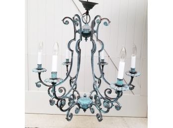 Ornate Art Nouveau Style Italian Made Patinated Brass 6-Arms Electric Chandeliers (A)