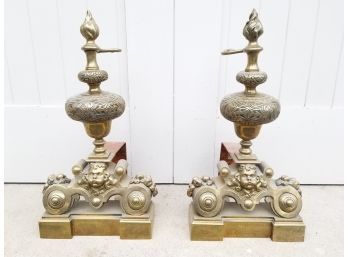 Ornate Iron Antique Style Fireplace Andirons