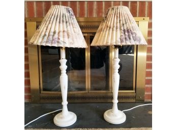 Pair White Turned Pine Stick Lamps