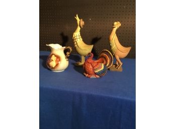 Three Celluloid Bird Figurines And One Hand Painted Porcelain Pitcher