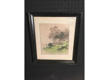 Vintage Watercolor On The Glass On Matting In A Black Frame Signed Lower Right By The Artist