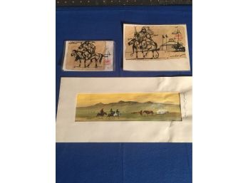 Three Mongolian Pieces Of Art Signed 2 In Plastic The Larger Watercolor In A Madded Border