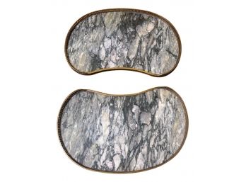 Pair Of Kidney Shaped Marble Table Tops With Brass