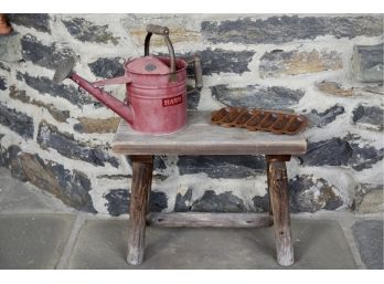 Vintage Wood Bench, Haws Watering Can And Cast Iron Cornbread Pan