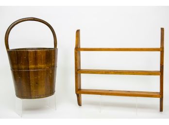 Antique Wooden Basket + Three Tier Wood Curio Shelf