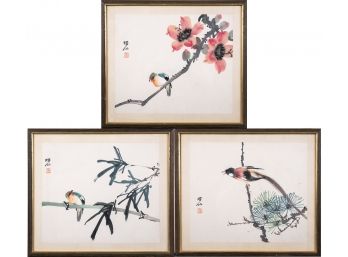 3 Chinese Watercolor Bird Themed Paintings