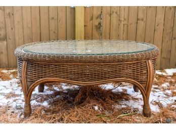 Wicker Oval Outdoor Patio Table With Glass Top And Cover