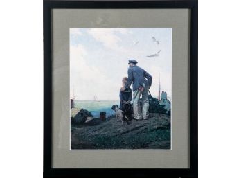 Print Of Norman Rockwell With A Child And A Dog Staring At The Sea