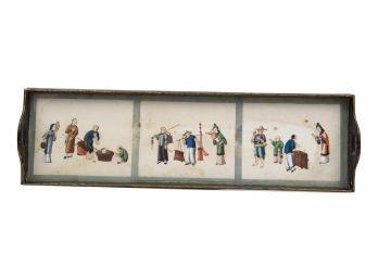 Antique Figural Painting Under Glass With Gilt Drawings On Wooden Framed Tray