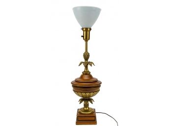 Vintage Brass And Wood Lamp With Milk Glass Shade