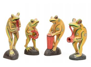 Set Of Four Hand Painted Carved Wood Frog Figurines Playing Instruments
