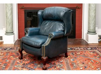 Hancock & Moore Blue Reclining Leather Wing Chair With Nailhead Trim Mahogany Ball And Claw Feet