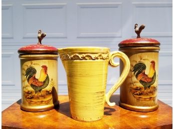 Rooster Cannisters And Ceramic Pitcher - MAMARONECK PICKUP
