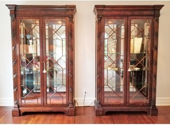 Pair Of Stickley Chippendale Style Solid Wood & Glass Lighted Display Cabinets - RYE PICKUP