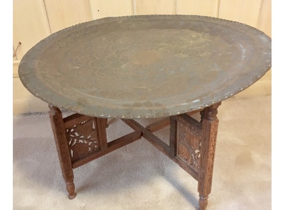 Antique 26'  Brass Platter On Carved Stand