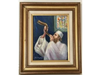 Signed Lillian Proctor- Rabbi With Shofar  Painting - Oil On Board  13' X 15'