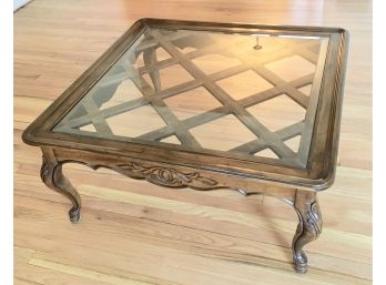 Vintage Carved Fruitwood  & Glass Top Cocktail Table 36' X 36'.