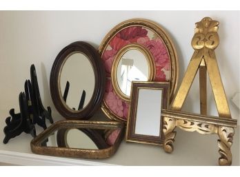 Vintage Lot Of Small Mirrors, Easels, Plate Stands