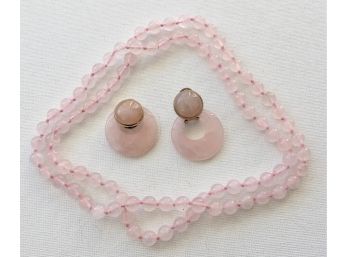 30'  Pink Jadeite Bead Necklace With Earrings