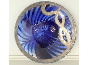 Lg. Vintage Cobalt Blue W/ Silver Inlay Glass Platter